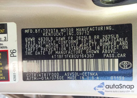 2012 Toyota Camry Le z USA, uszkodzony, nr VIN 4T1BF1FK8CU164367